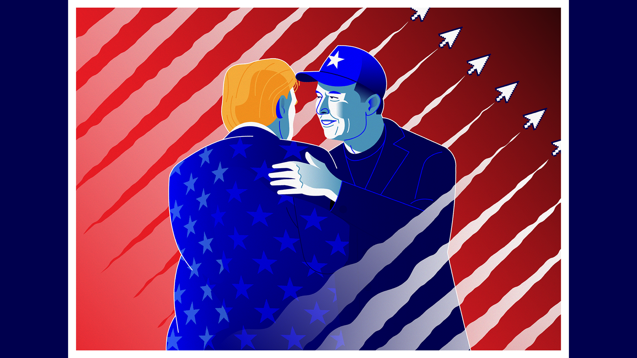 Editorial illustration of Trump’s election victory with Dark Maga, Elon Musk and X influence, political art