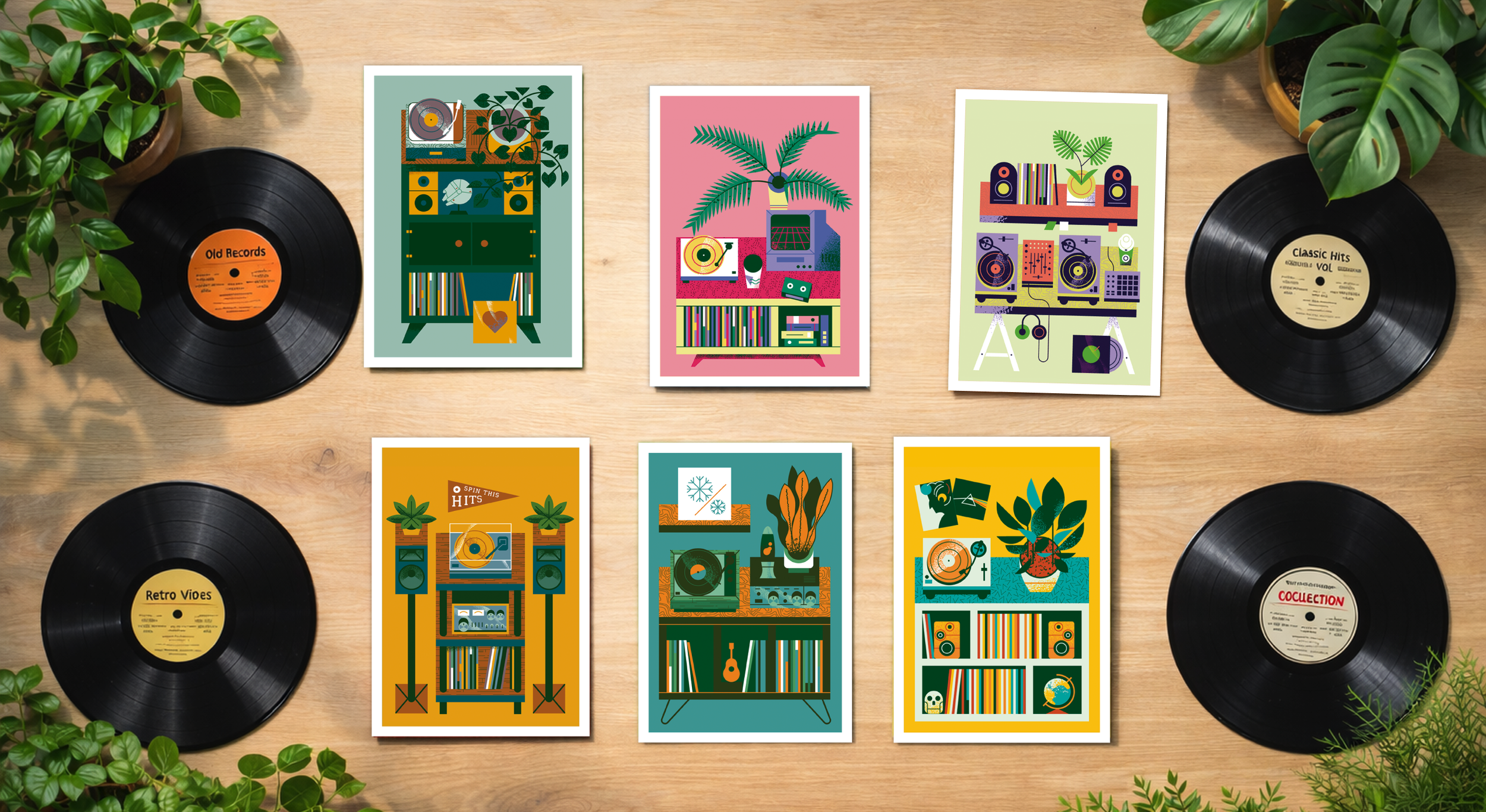 turntables setup art print with plants and vinyls