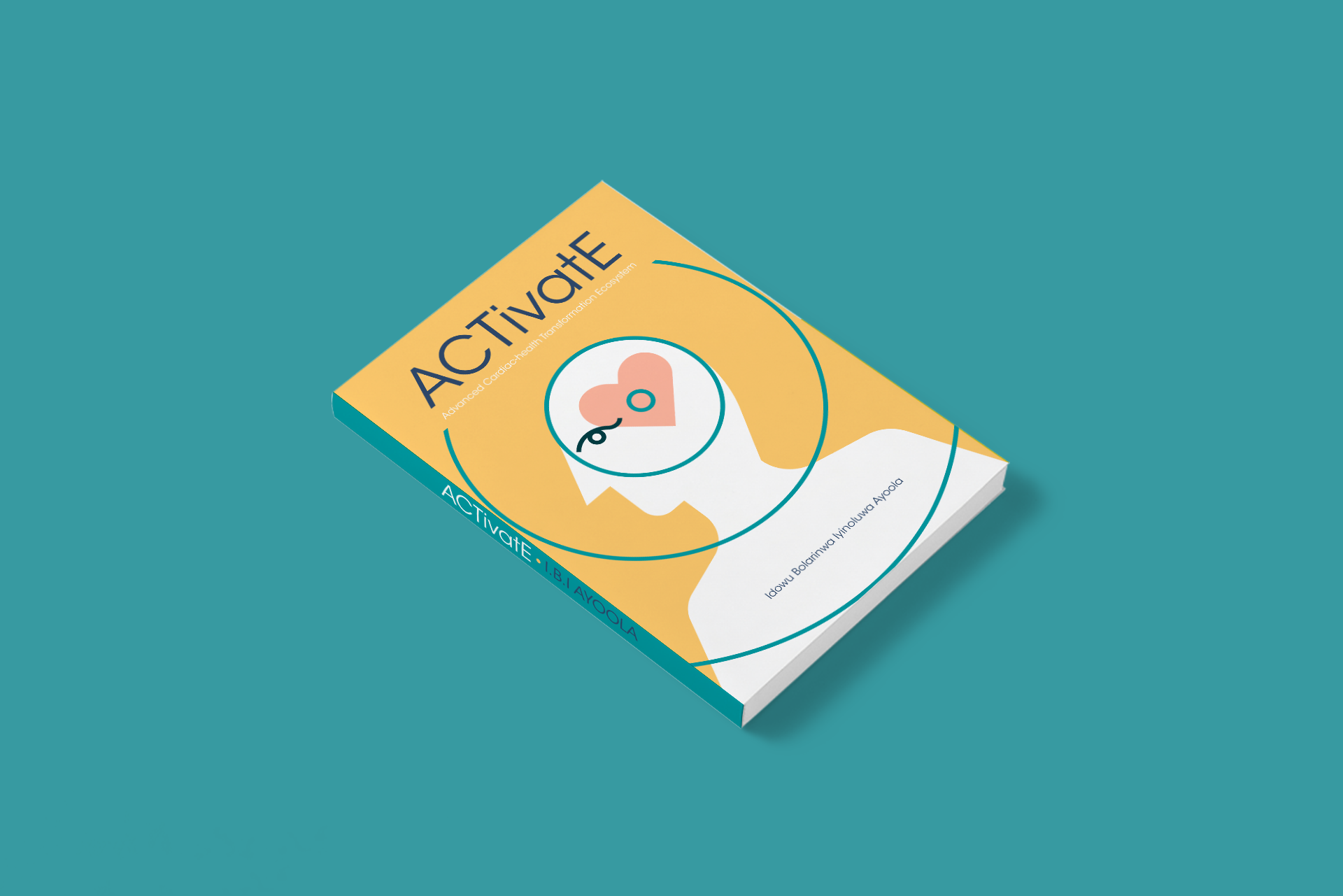 Libro titulado 'Activate' con diseño de corazón y aurícula en la portada, en un fondo de color teal.