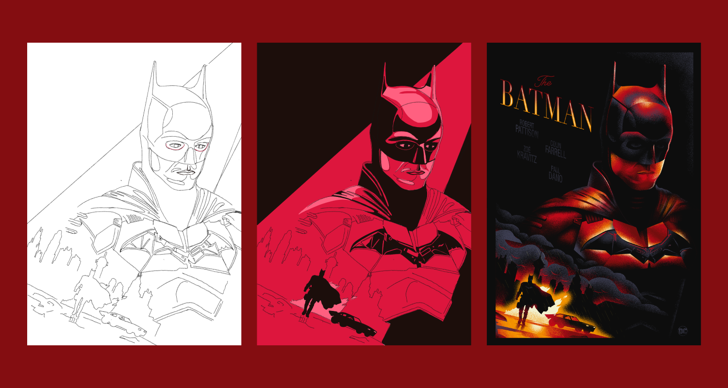Sketch film noir poster of The Batman (2022) featuring Robert Pattinson as Batman in a dark Gotham atmosphere