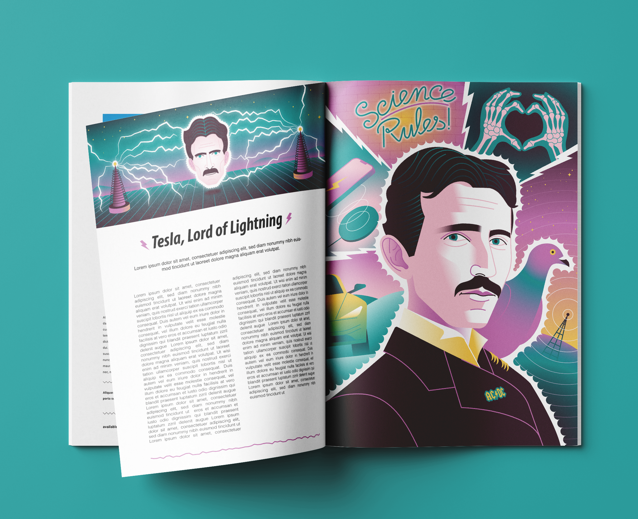 Revista con ilustraciones de un hombre con bigote, una estructura eléctrica, y un gráfico con rayos y un rostro con cabello oscuro. Texto que dice 'Science Rules!' y 'Tesla, Lord of Lightning'.