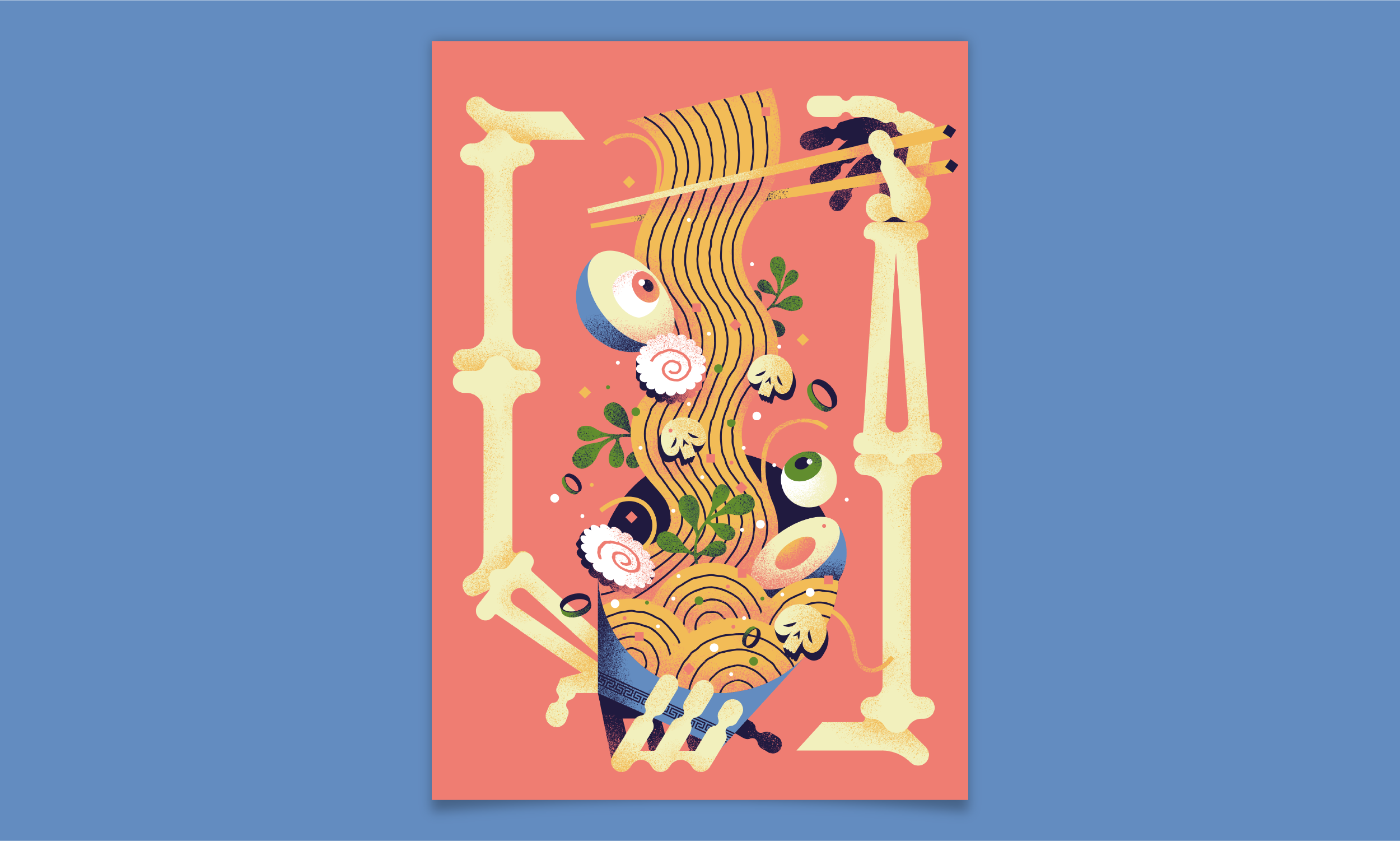 Creepy Ramen illustration by Salmorejo Studio – skeletal arms holding ramen bowl