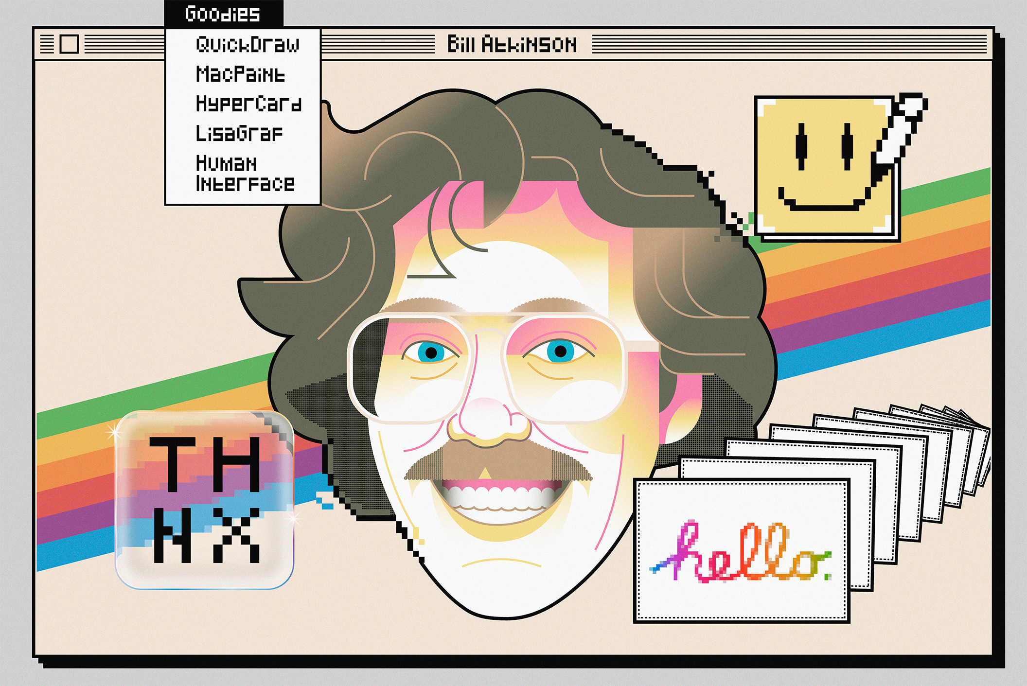 Editorial illustration tribute to Bill Atkinson, digital design pioneer, featuring elements inspired by MacPaint and early graphical interfaces.