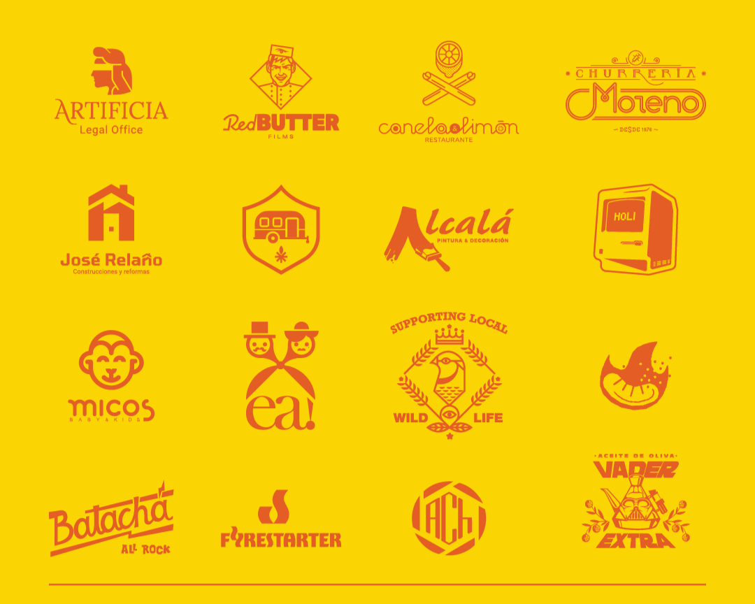 Colección de logotipos de diferentes negocios y marcas en fondo amarillo, incluyendo una churrería, una tienda de pinturas, una constructora, una marca de dulces para niños, una tienda de productos locales, una marca de aceite de oliva, y otros.
