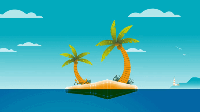 Ilustración de dos palmeras en una pequeña isla en medio del mar, con un faro a lo lejos en la costa