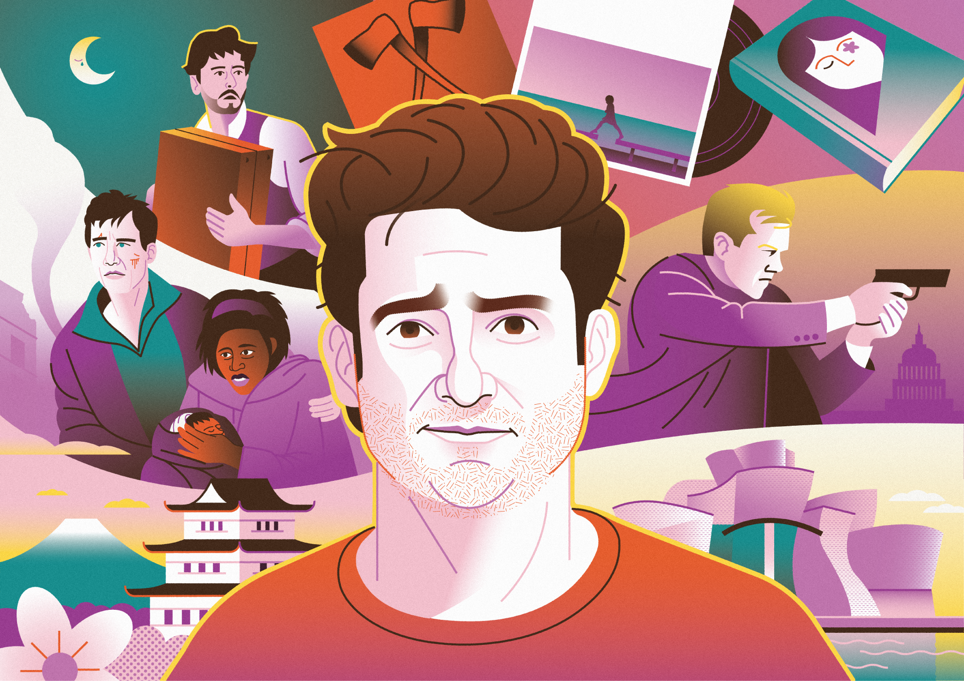Retrato ilustrado de Gorka Otxoa para la revista Cinemanía, ilustración editorial para revista de cine