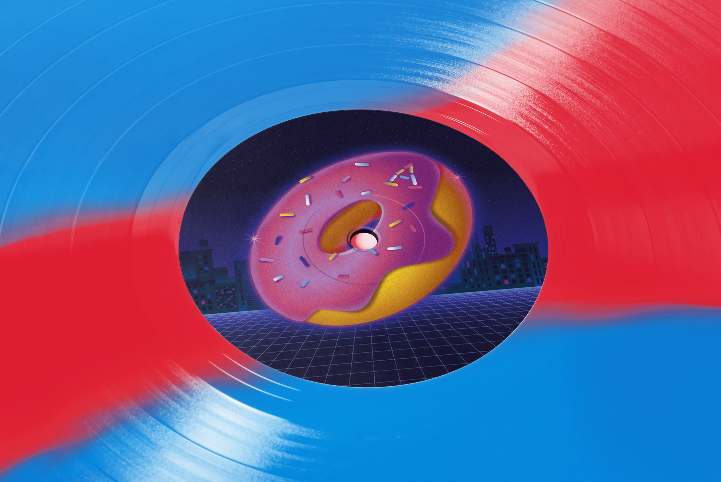 Dona donut con glaseado rosa y decoraciones de colores en un fondo urbano nocturno con tecnología de estilo retro futurista.