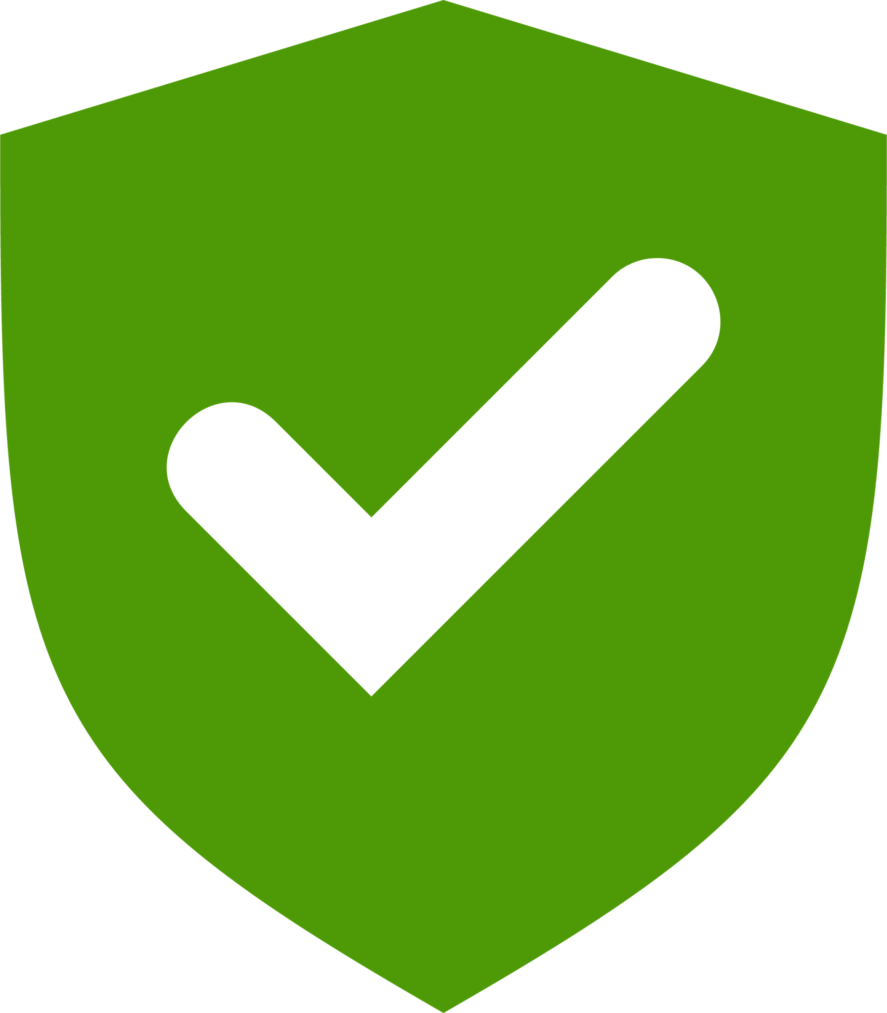 Green shield with a black checkmark symbol in the center.