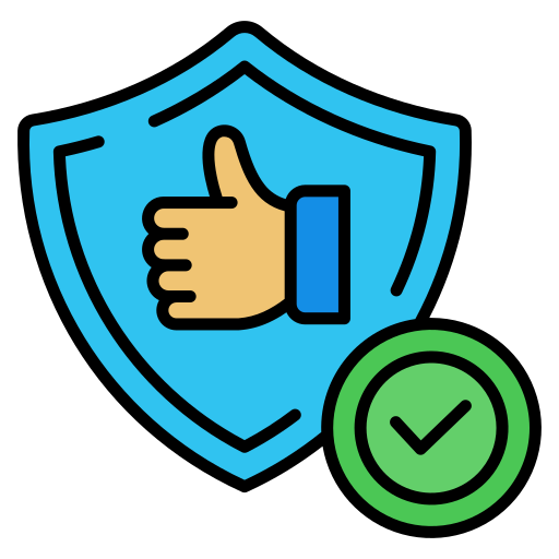 A blue shield with a thumbs-up symbol and a green checkmark symbol, representing protection or approval.
