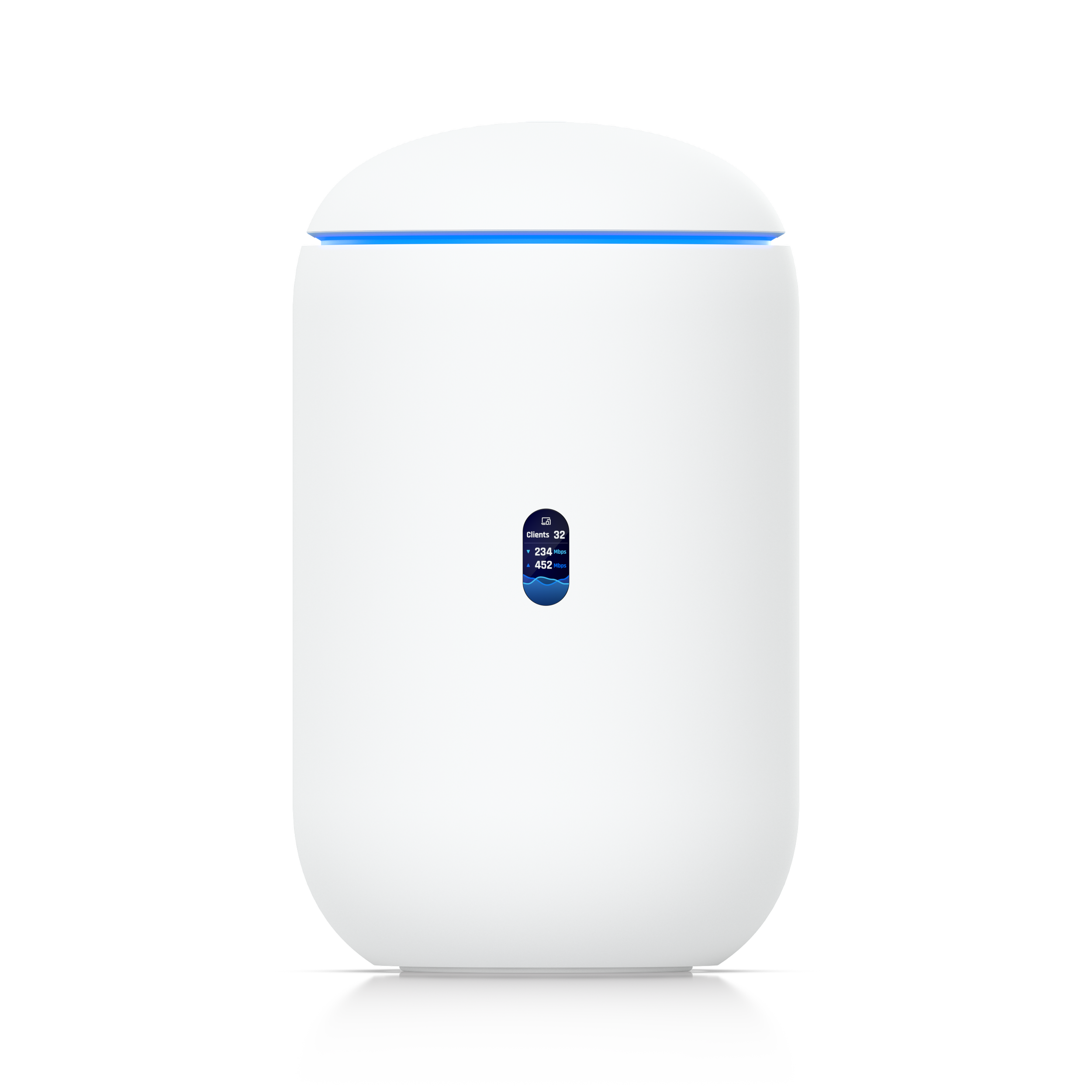 Smart home device with a digital screen showing network performance metrics like clients connected and Mbps speeds, set on a sleek white stand.