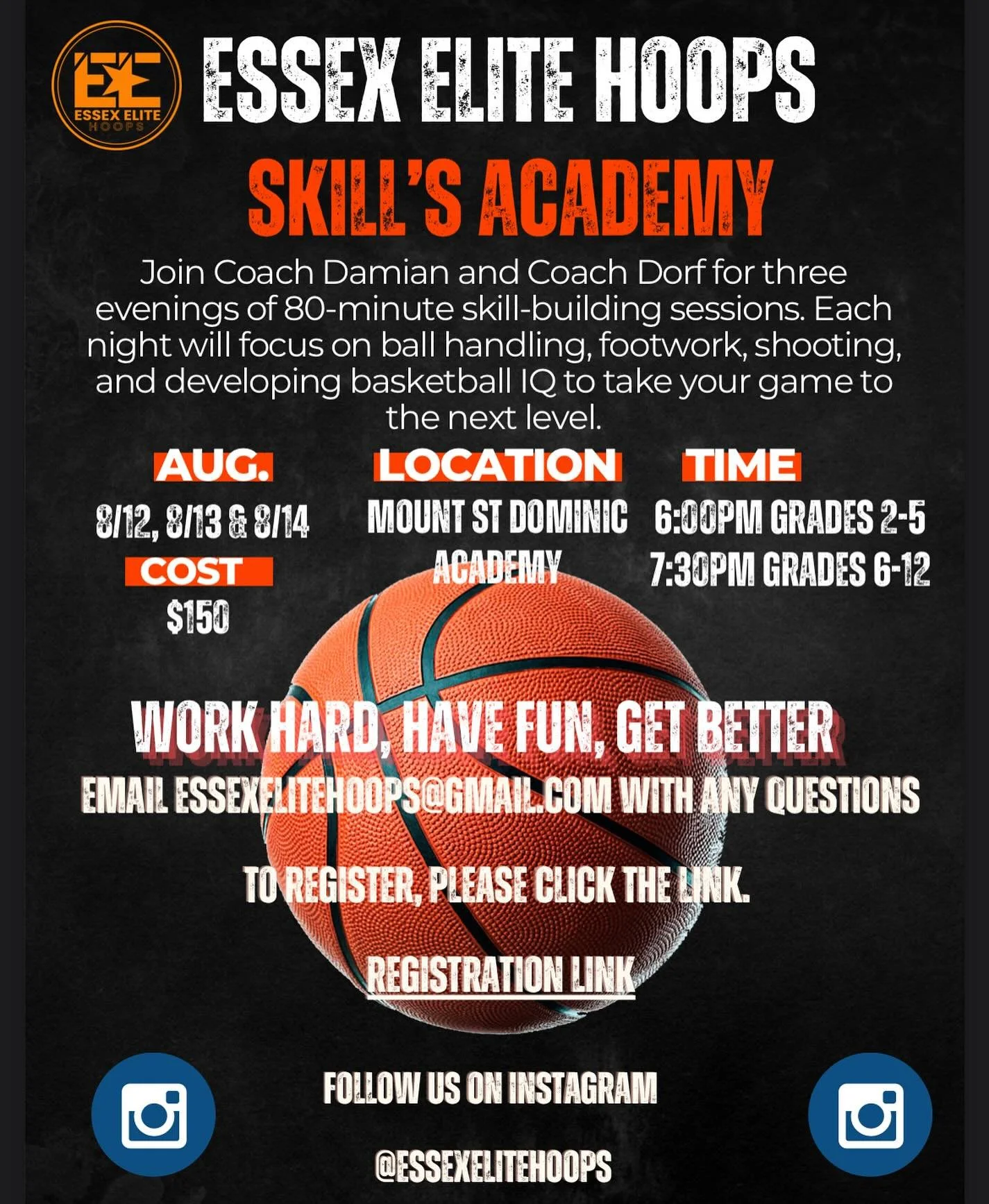Essex Elite Hoops invites players in grades 2&ndash;12 to a three-night basketball skill academy on August 12, 13, and 14 at Mount St. Dominic Academy. Led by Coach Damian Kennedy and Coach Brian Dorf, each 80-minute session will focus on ball handli