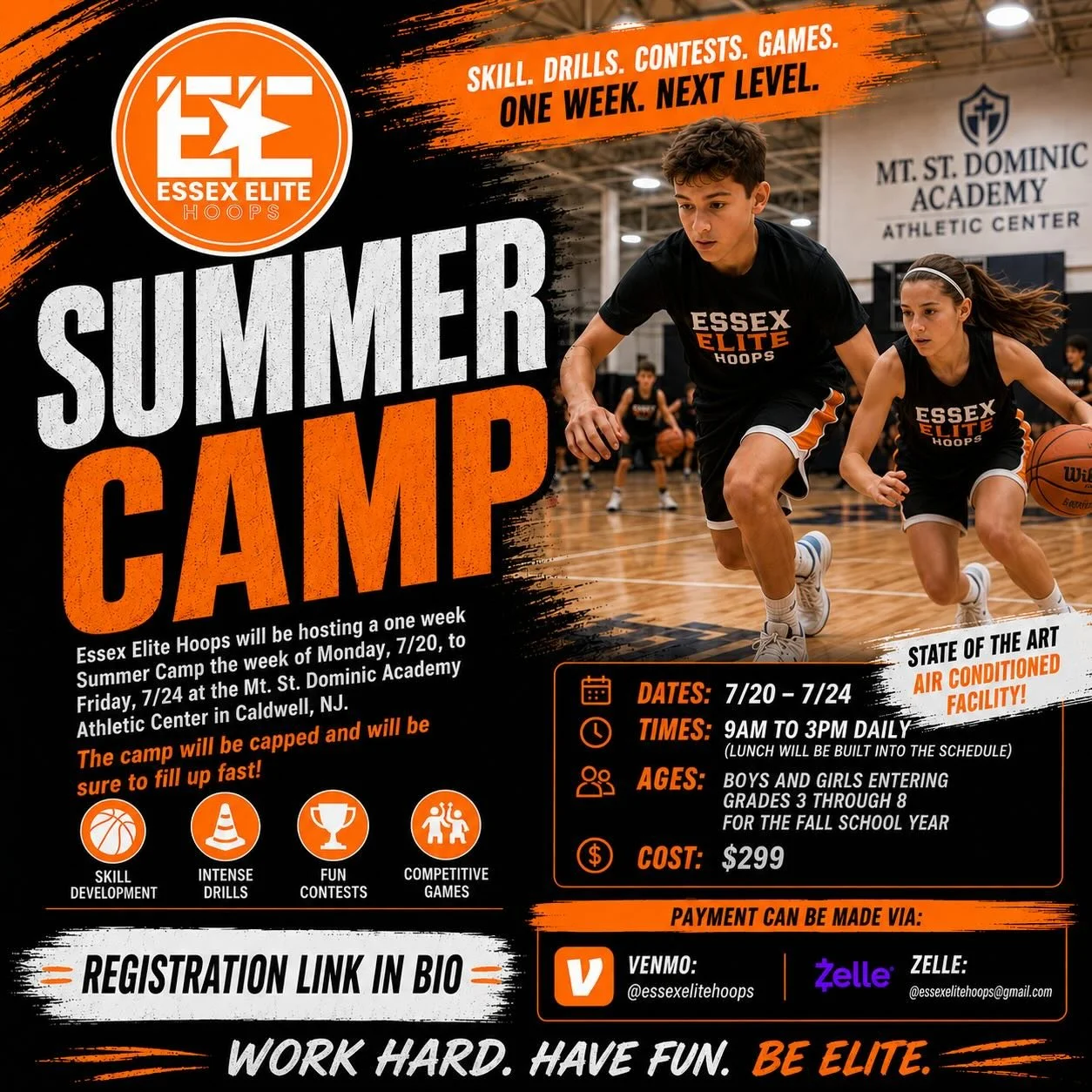 One BIG week in July!  Open to Boys and Girls entering 3rd through 8th grade the week of July 20th to July 24th from 9am to 3pm daily.  Slills, drills, games, contests and prizes.  This camp will be capped and sure to fill up fast! Click the link in 
