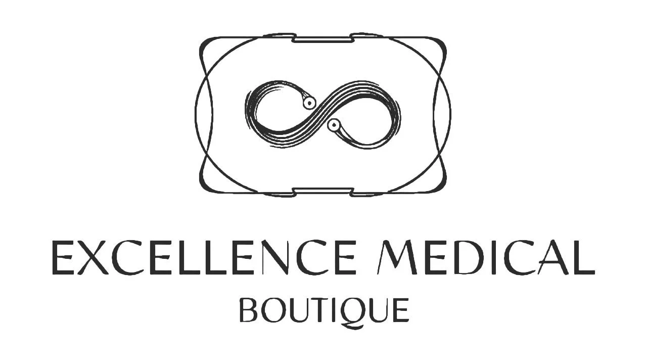 Logo for Excellence Medical Boutique featuring a stylized infinity symbol and a rectangular frame.