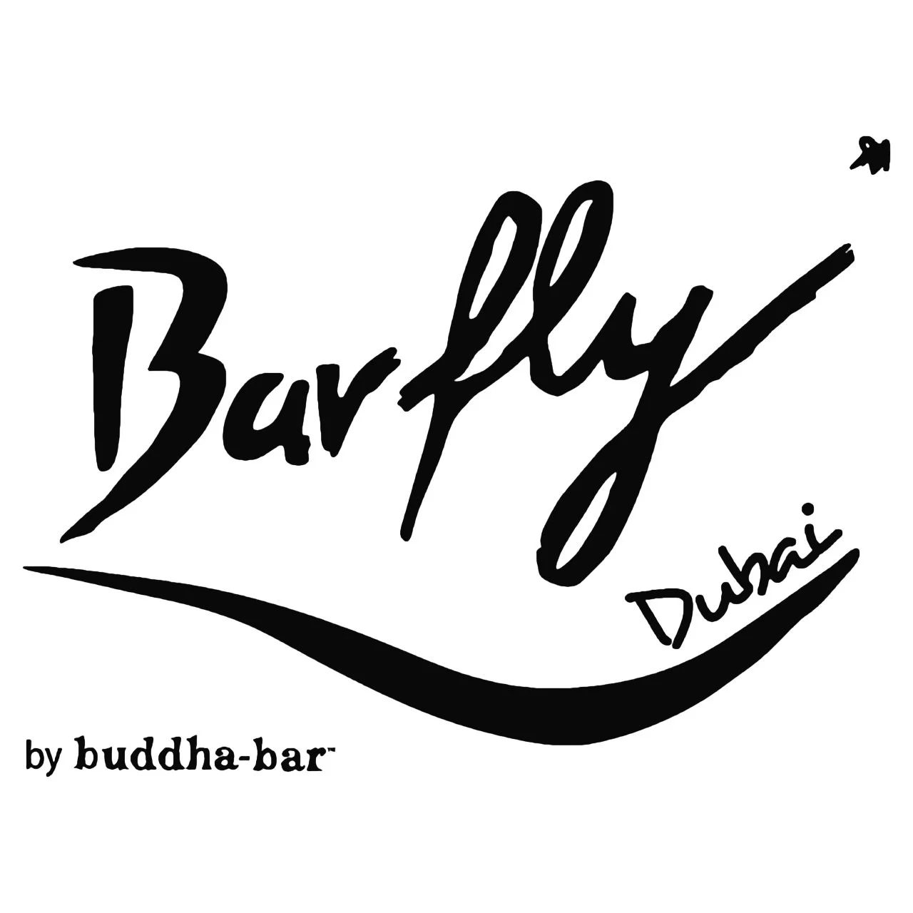 Black and white logo that reads 'Baarfly Dubai' with a stylized swoosh underneath, and smaller text that says 'by buddha-bar'.