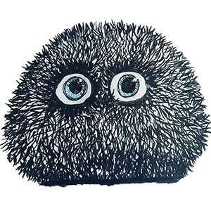 A cartoon fluffy black creature with large wide-open eyes.