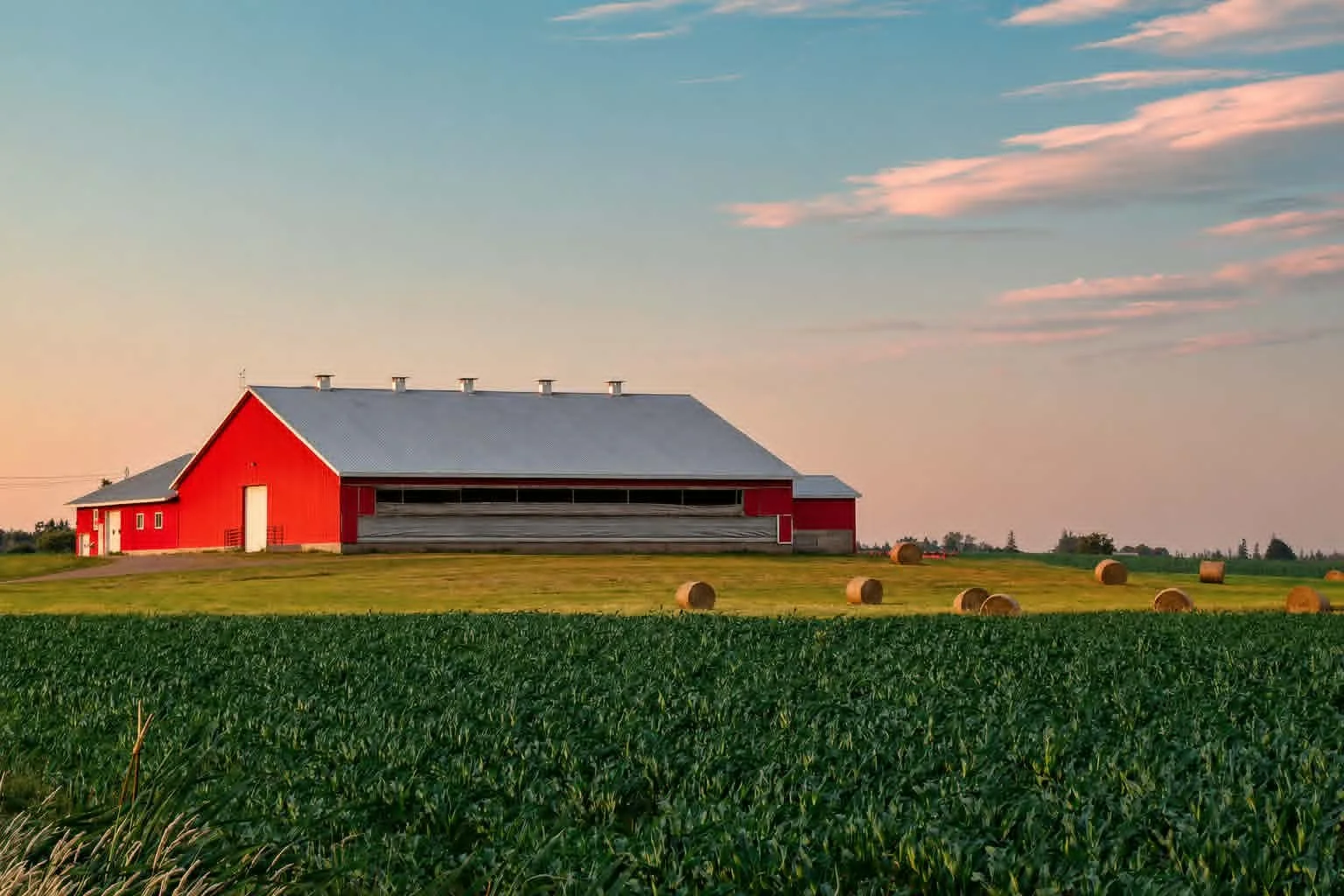 Red barn with metal roof on a green farm field, hay bales scattered, under a partly cloudy sky at sunset.