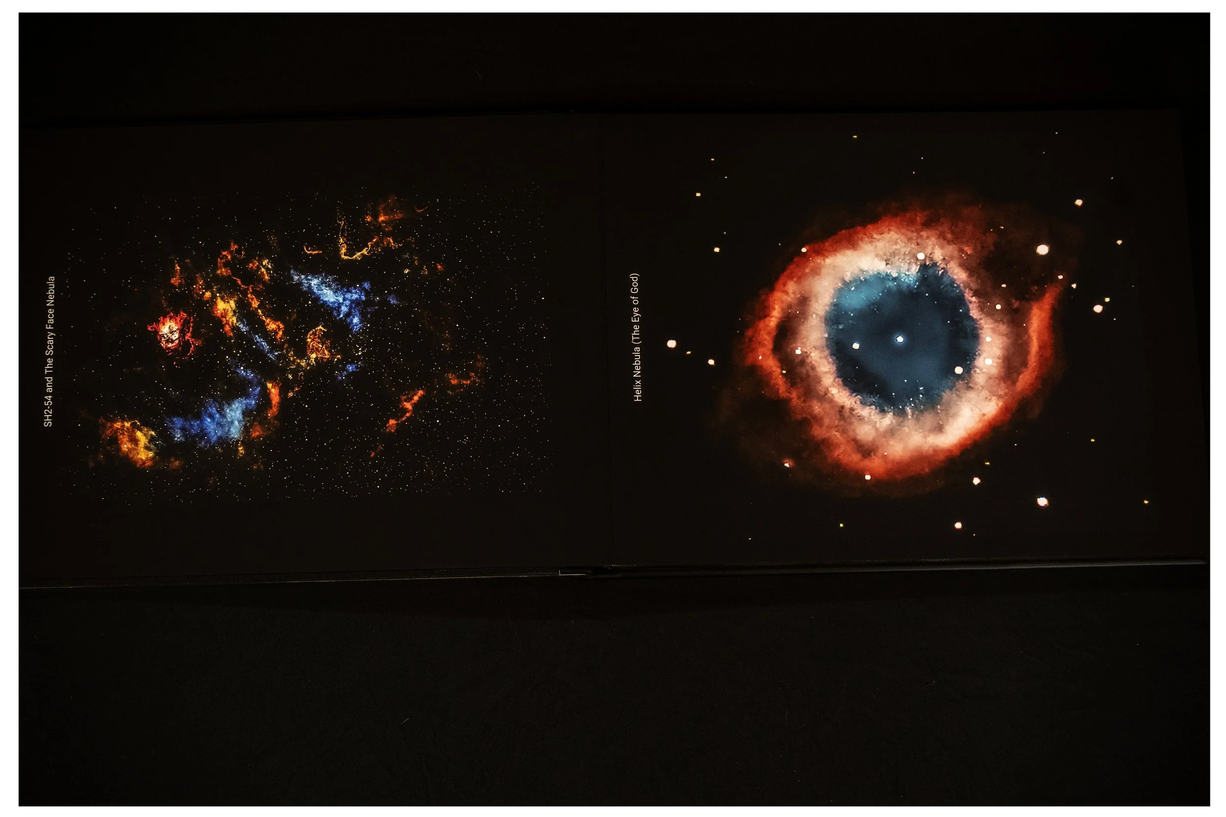 Two images of space: on the left, a colorful nebula with blue, red, and yellow regions labeled 'SH2-54 and The Scary Face Nebula'; on the right, a detailed image of the Helix Nebula showing a circular structure with bright colors labeled 'Helix Nebul