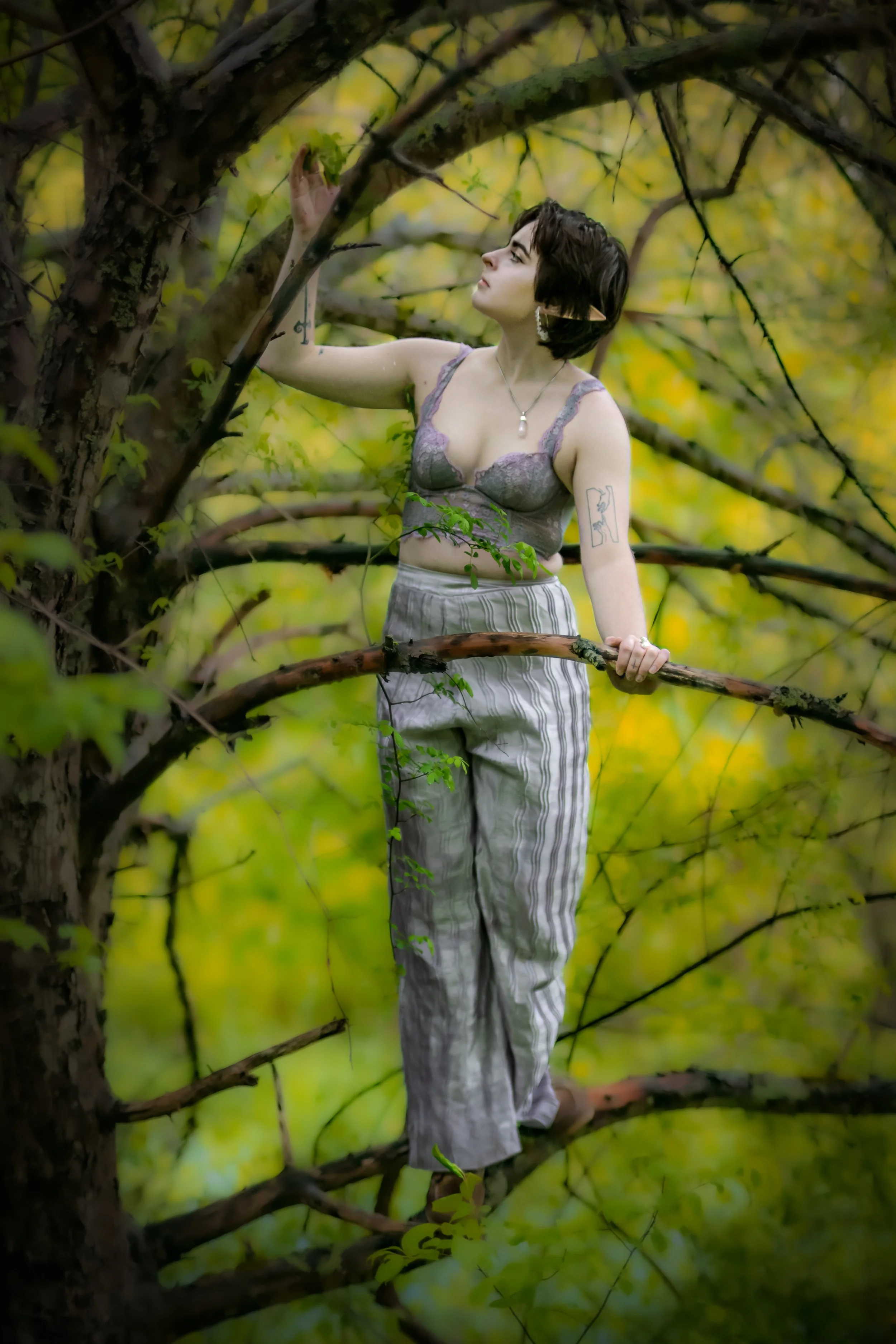 A woman with short dark hair, tattoos, and earrings stands on a tree branch in a forest, reaching for leaves, wearing a lavender lace top and striped pants.