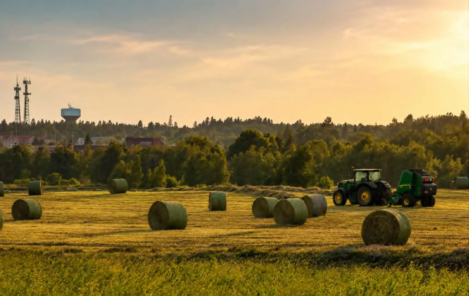 A tractor working in a field with hay bales during sunset, trees and a water tower in the background.