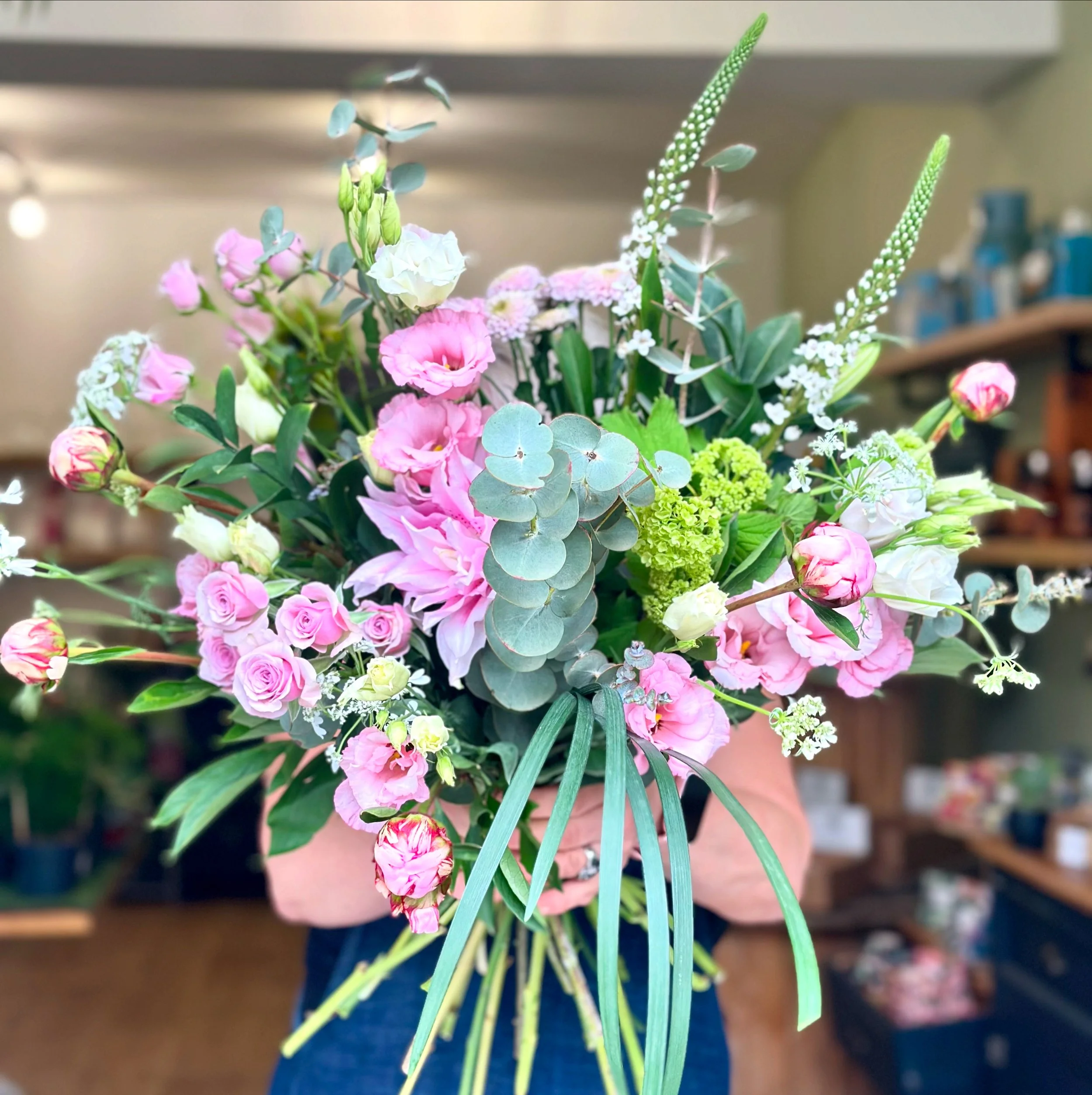 Vicarage Lane hand-tied bouquet with layered blush and pink seasonal flowers