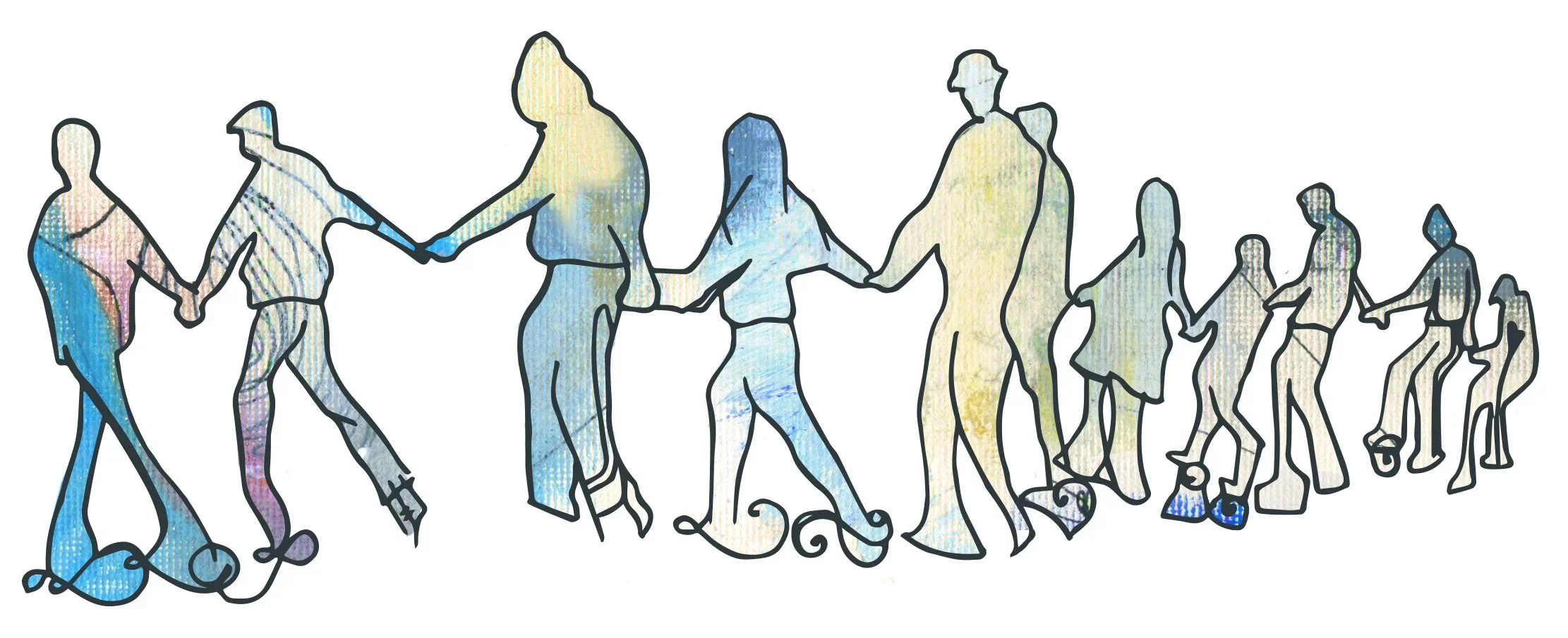Outline of diverse people holding hands, featuring a watercolor-style artistic design.