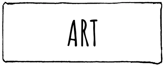 A white rectangular sign with the word 'ART' written in black uppercase letters.