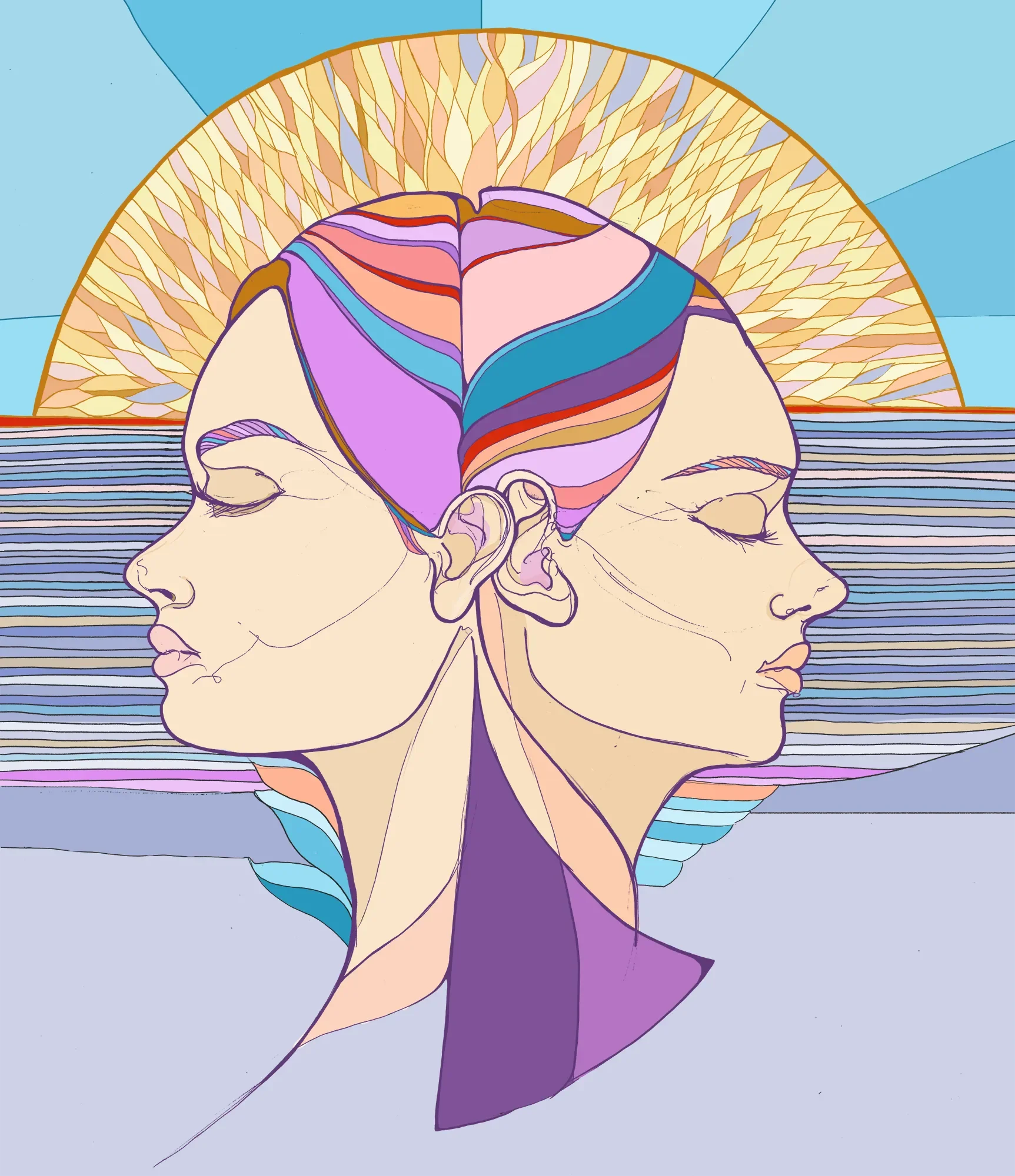 A digital illustration of two side-profile women with closed eyes, facing opposite directions, with colorful, flowing hair blending into a radiant sun and a blue sky background.