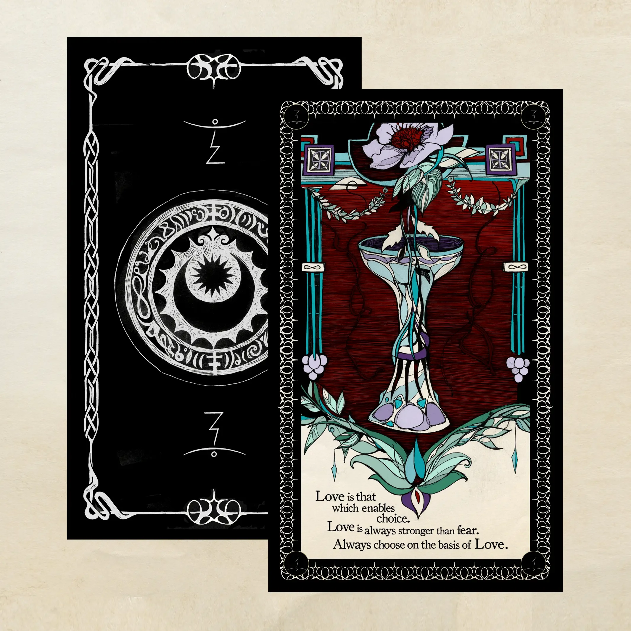 Two tarot cards, one with a black background featuring a white crescent moon and sun design, and the other colorful with a flower in a vase and a quote about love and choice.
