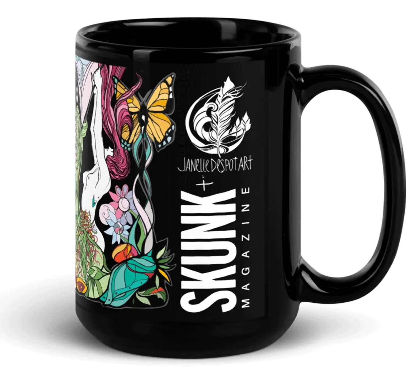 Black ceramic mug with colorful artwork of a woman, butterflies, and floral designs, featuring the text 'Sky Junk + Magazine' and 'Janelle DeSpot Art' logo.
