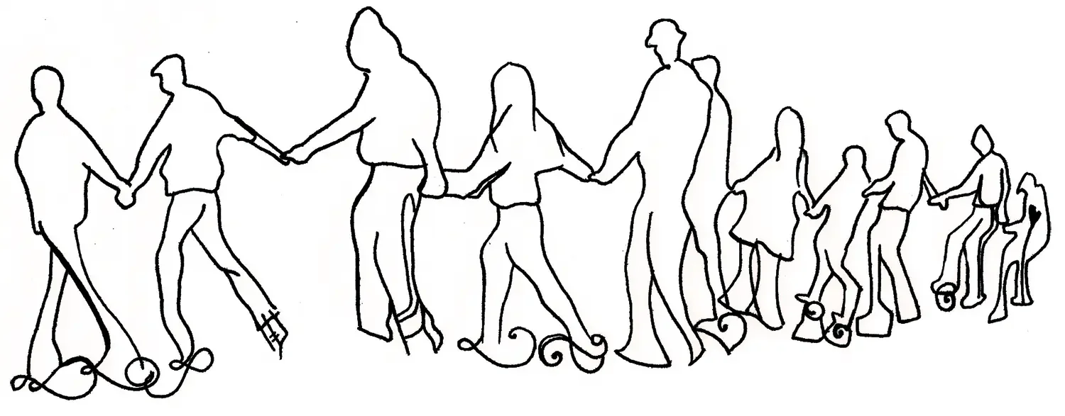 Line drawing of people holding hands and balancing on various skateboards, skates, and other roller devices