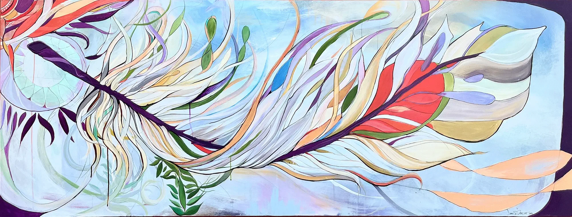 Abstract colorful painting of a large feather with intricate, flowing lines and various vibrant colors