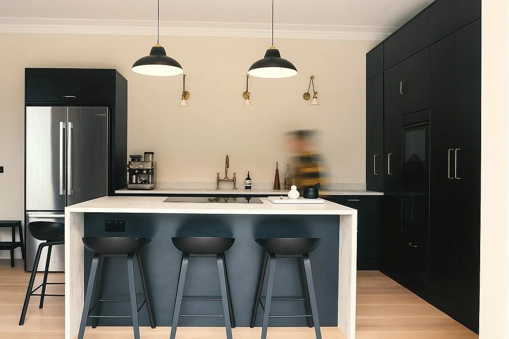 New Project
A sleek black oiled plywood kitchen for our lovely clients in Dorset. 
The paired back contemporary simplicity balances with the homes period features and classic Sycamore antique brass handles from @corstonarchitecturaldetail
Details