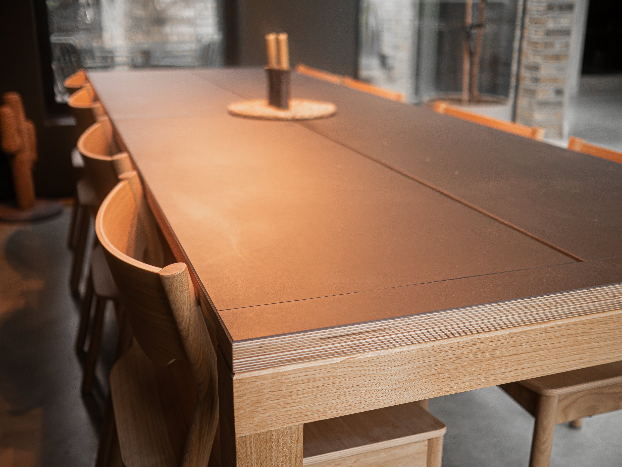 Bespoke 8 to 10 seater contemporary solid oak dining table with birch plywood top finished with Forbo furniture grade Lino