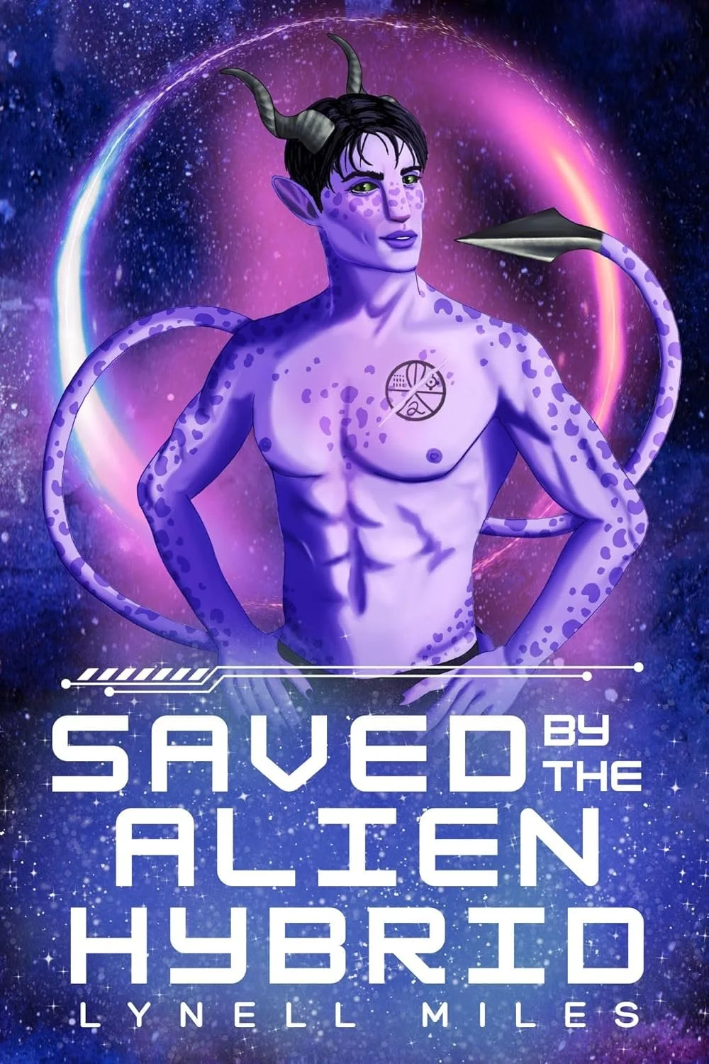 A purple humanoid alien with horns, green eyes, and purple spots, standing in space with a cosmic background, with text that reads 'Saved by the Alien Hybrid' and the author's name 'Lynell Miles.'