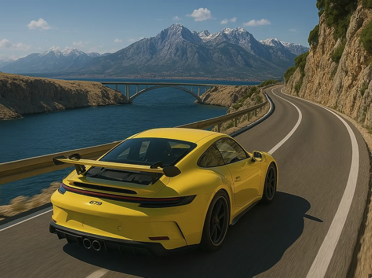 A yellow sports car driving on a winding mountain road beside a body of water with mountains and a bridge in the background.