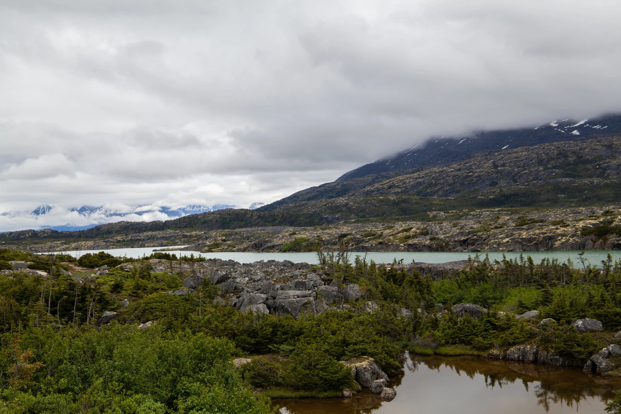 Majestic landscape with cloudy sky, mountains, a lake, rocky terrain, and lush green vegetation.