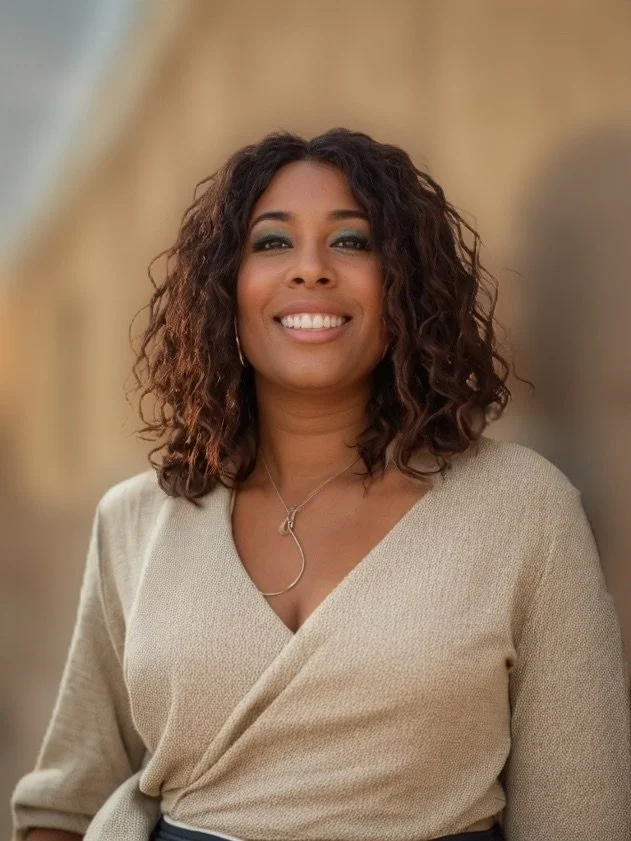 A woman with curly brown hair, smiling, wearing a beige wrap top, with a necklace and earrings, outdoors with blurred background.
