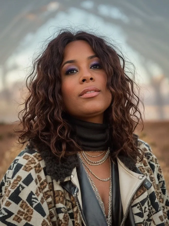 A woman with shoulder-length curly hair, wearing purple eyeshadow, multiple layered silver necklaces, a black turtleneck, and a patterned beige and black jacket.
