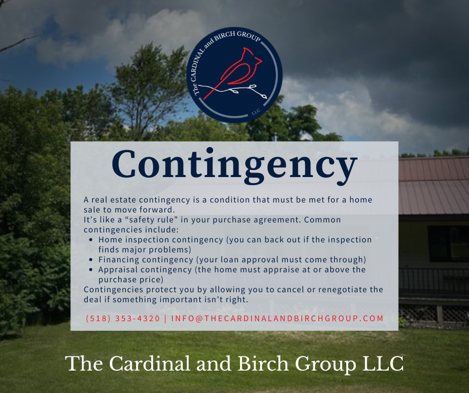 A real estate flyer from The Cardinal and Birch Group LLC discussing contingency clauses in home sales, with a logo at the top featuring a red cardinal bird and a background of trees and cloudy sky.