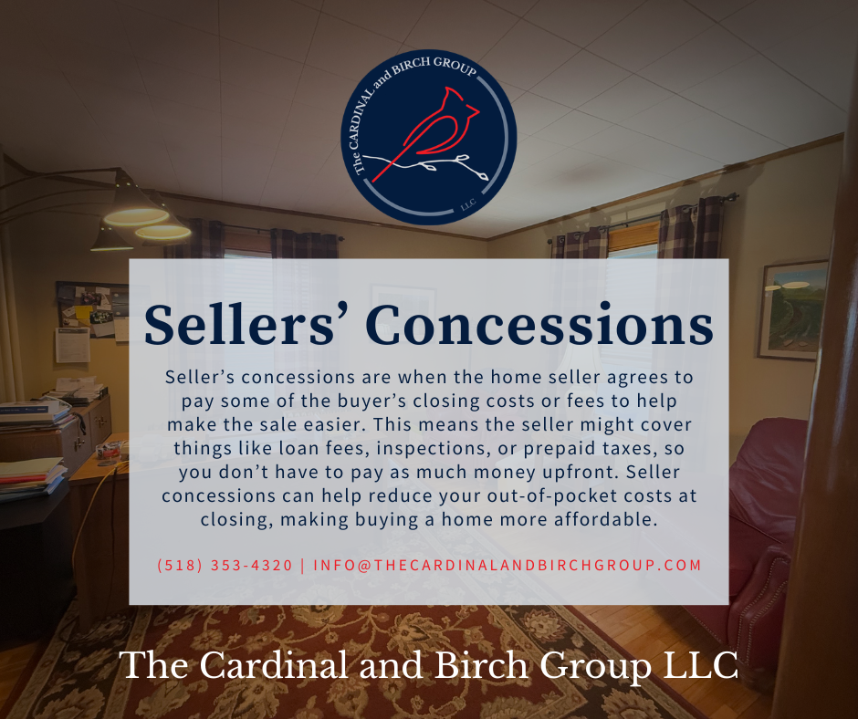A flyer explaining sellers' concessions from The Cardinal and Birch Group LLC, with company logo at the top, contact info in red, and a background of a cozy home room with window curtains, a lamp, and furniture.