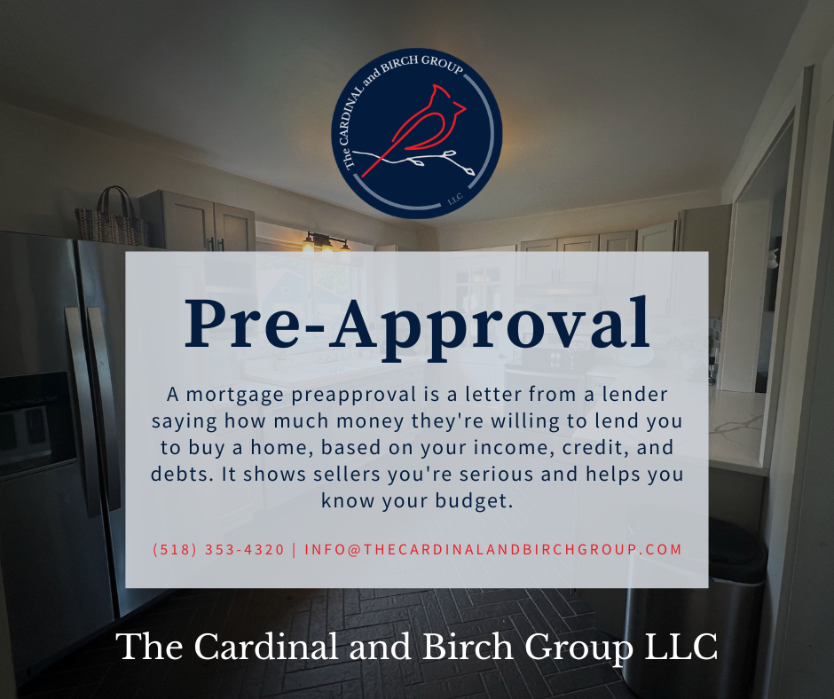 A promotional graphic for the Cardinal and Birch Group LLC featuring a kitchen background with an overlay of text about mortgage preapproval and contact information. The group's logo, a stylized cardinal bird with a knitting needle, is at the top.