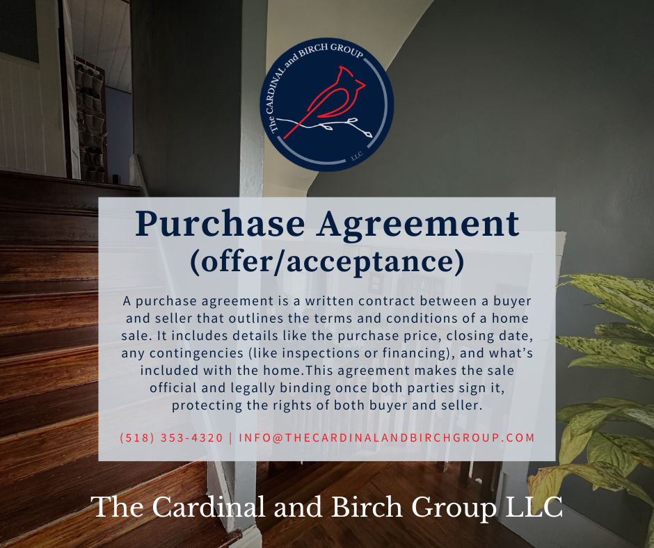 A promotional flyer for The Cardinal and Birch Group LLC about purchase agreements, featuring their logo with a cardinal bird and a branch, and contact information including a phone number and email address.