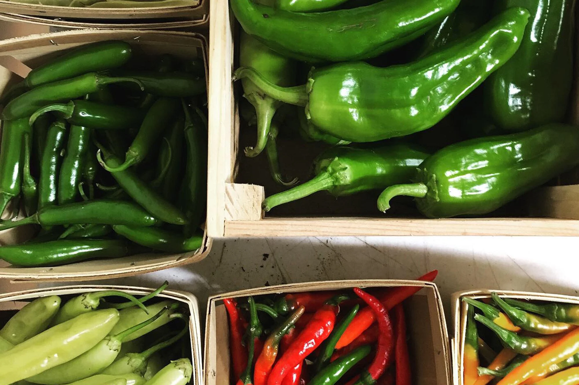 Locally grown peppers in baskets.
