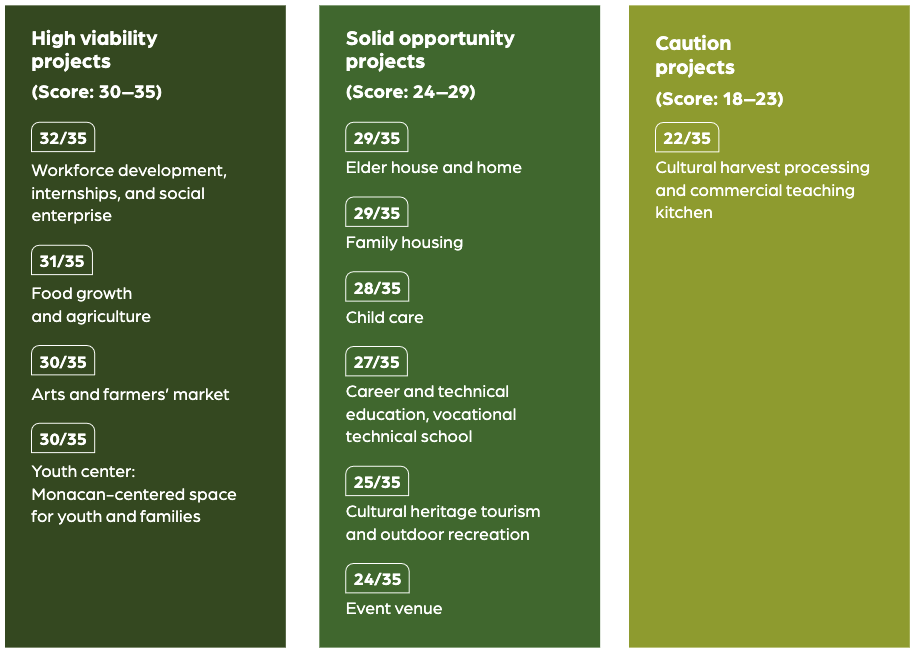 Projects listed according to a viability index.