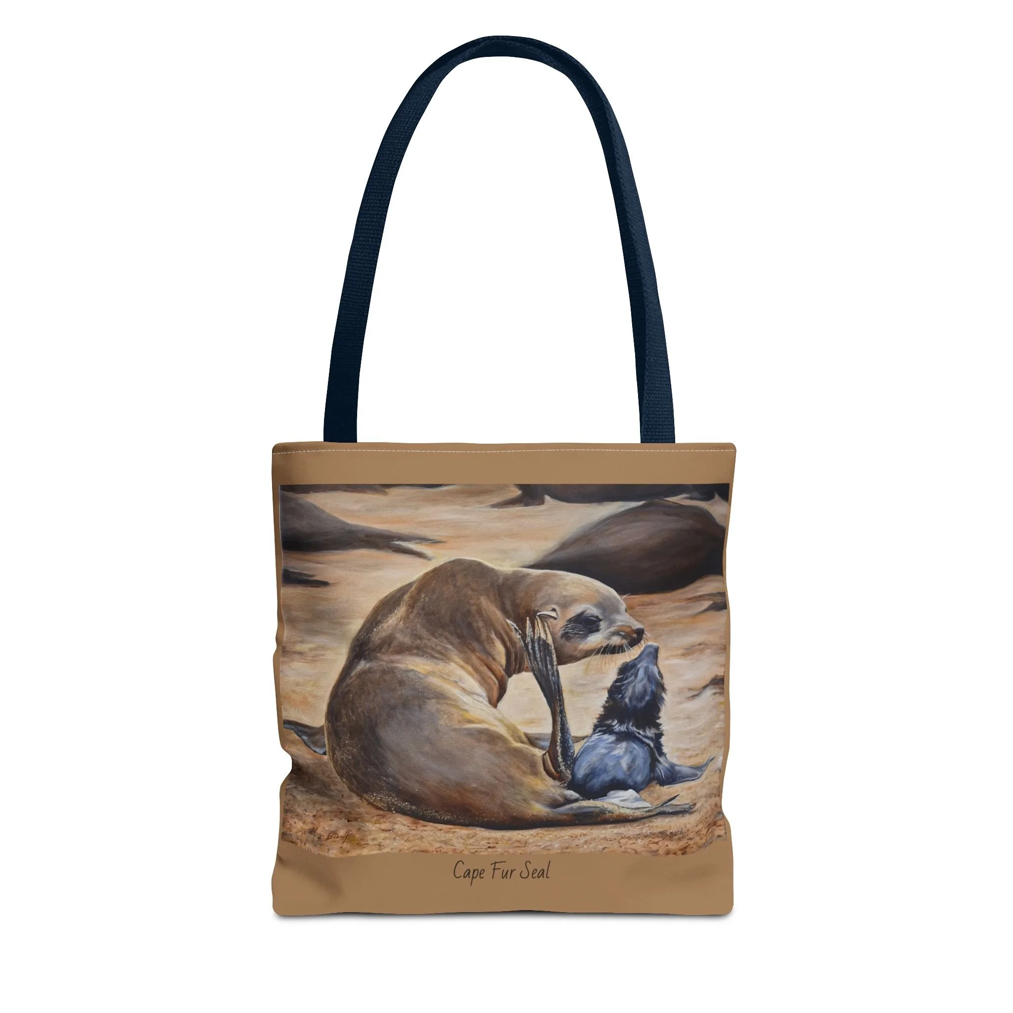 Mother Seal with newborn Pup. Tote Bag (tan with navy handles)