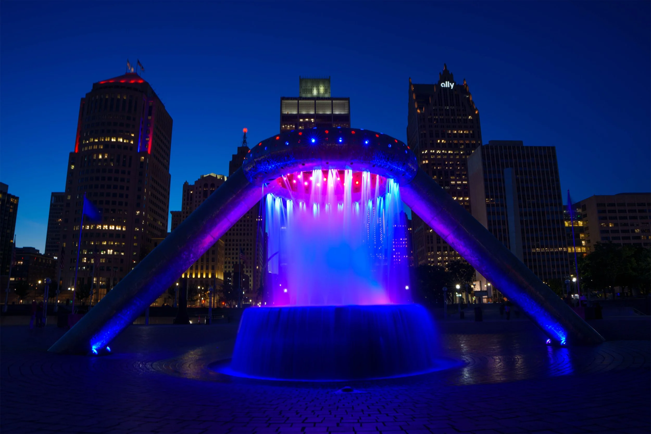 The Crown Jewel of this project, the Dodge & Son Fountain at Hart Plaza. Built in 1978, the futuristic design still holds the test of time. A memorial to Horace Dodge and his family's contribution to the auto industry and the city of Detroit.