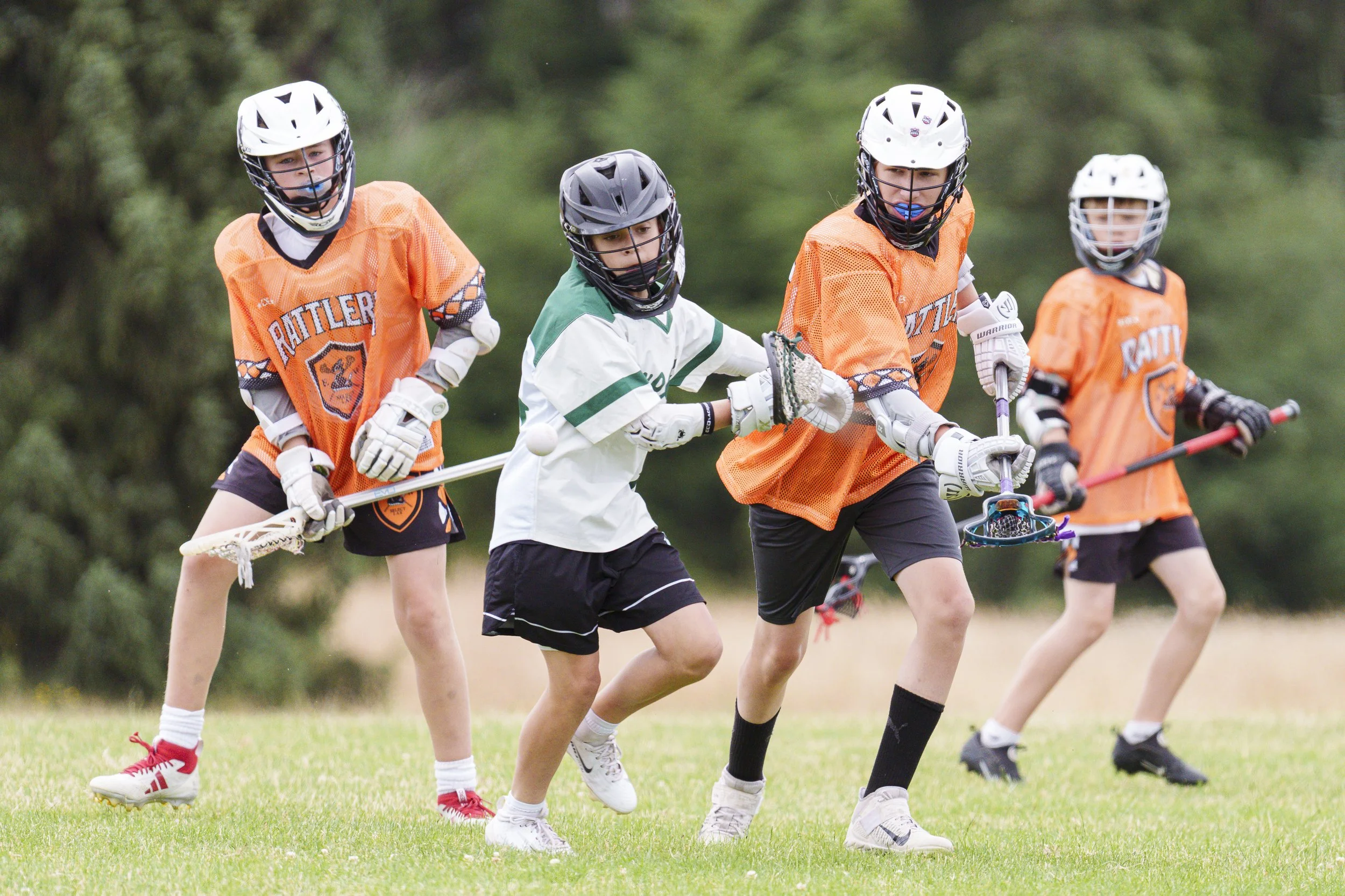 Four middle school lacrosse players competing for a ground ball at a lacrosse tournament.