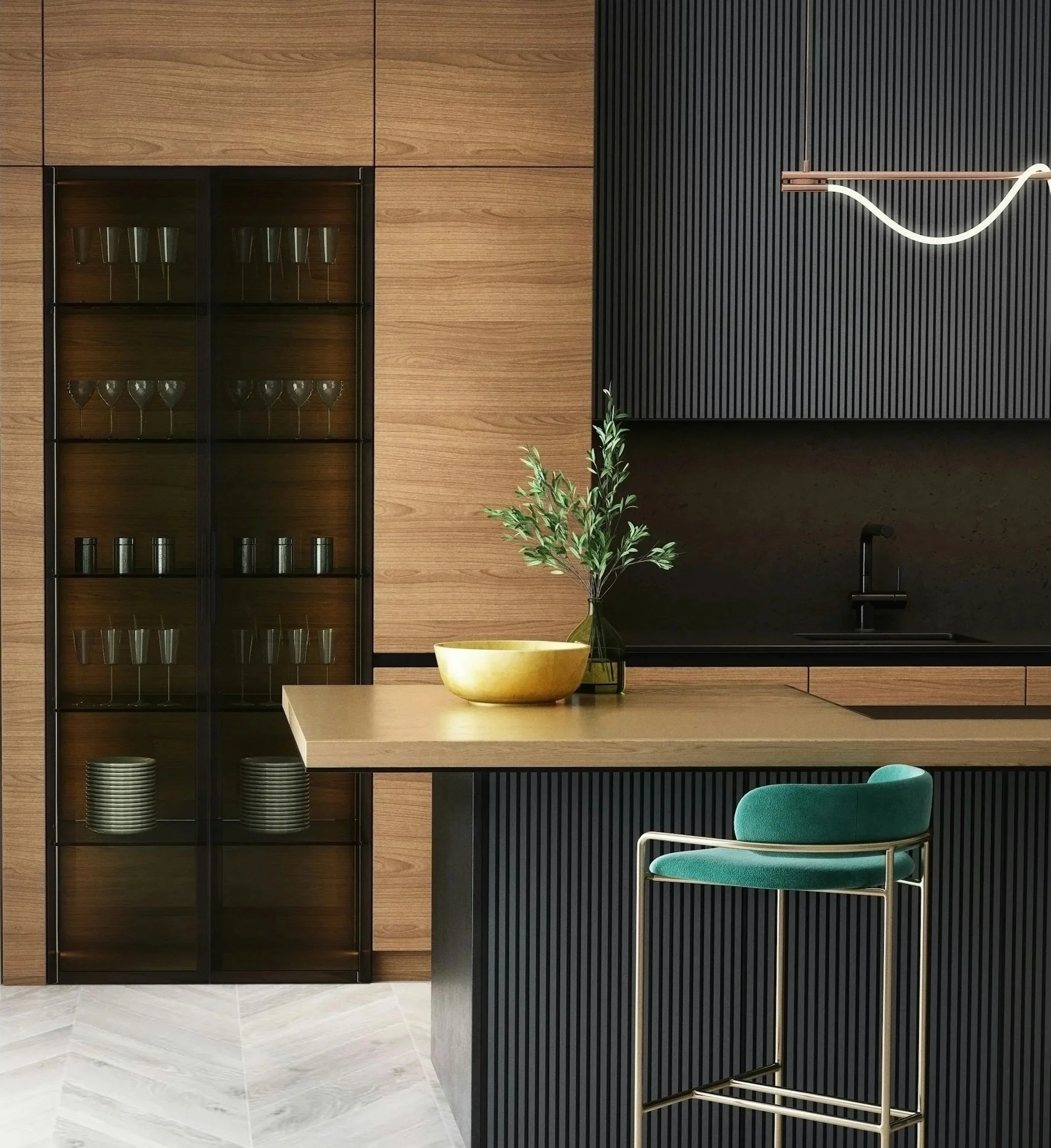 Modern kitchen with black and wood cabinetry, a glass display cabinet with wine glasses, a yellow bowl, green plant in glass vase, and a teal chair, with black textured wall and marble floor.