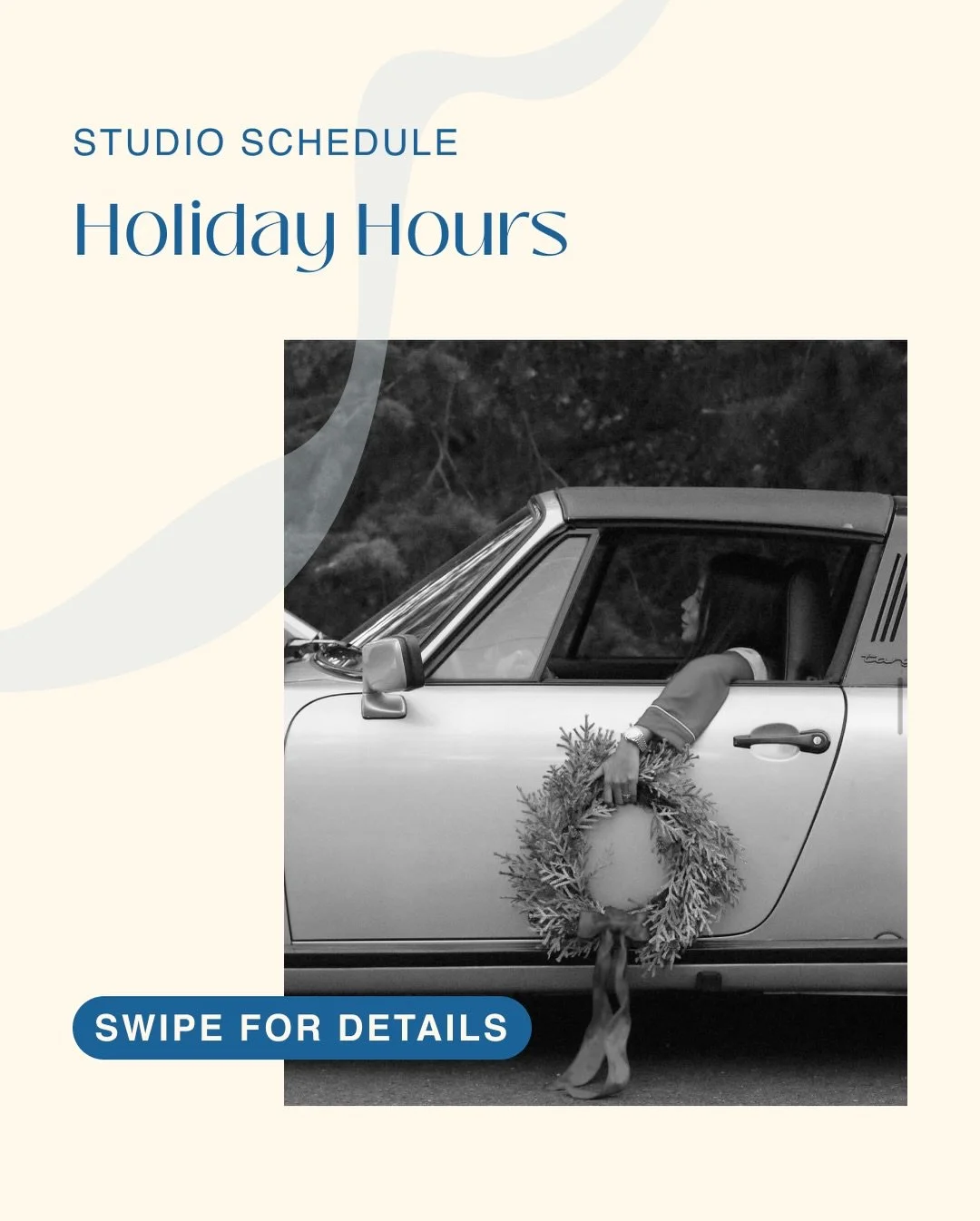 Please note the changes to our schedule during the holiday period. These changes&nbsp;apply to both studio locations.

Wednesday, December 24 - Closed for the evening&nbsp;&nbsp;
Thursday, December 25 - Closed&nbsp;
Friday, December 26 - Closed&nbsp;