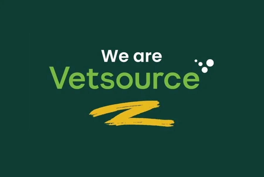 Logo with the text 'We are Vetsource' on a green background, featuring three small white dots and a stylized yellow Z.